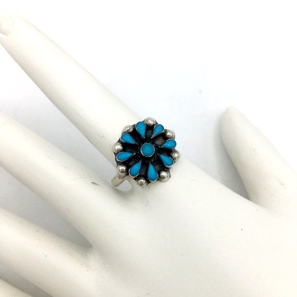 PETIT POINT sterling turquoise flower ring - size 6.5 Mexico southwest style 925 - Picture 1 of 8